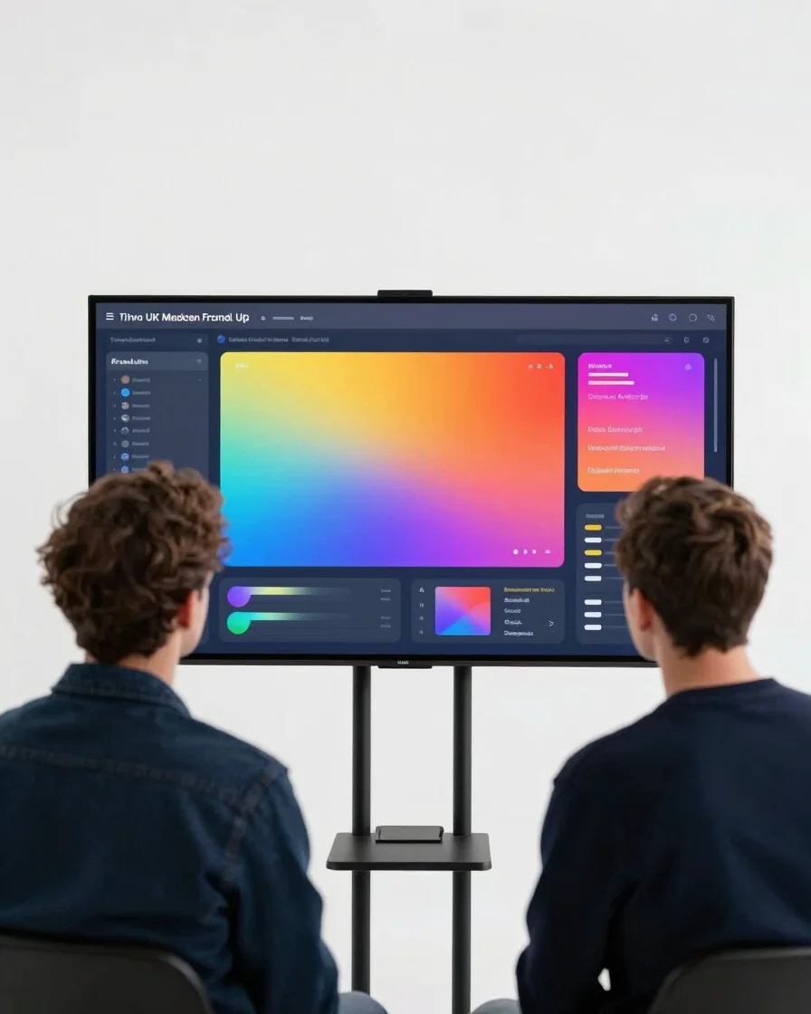 Modern UK studio environment, two marketing professionals collabo